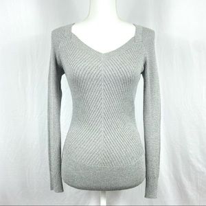 WHBM Silver Shimmer Long Sleeve Light Weight V Neck Sweater